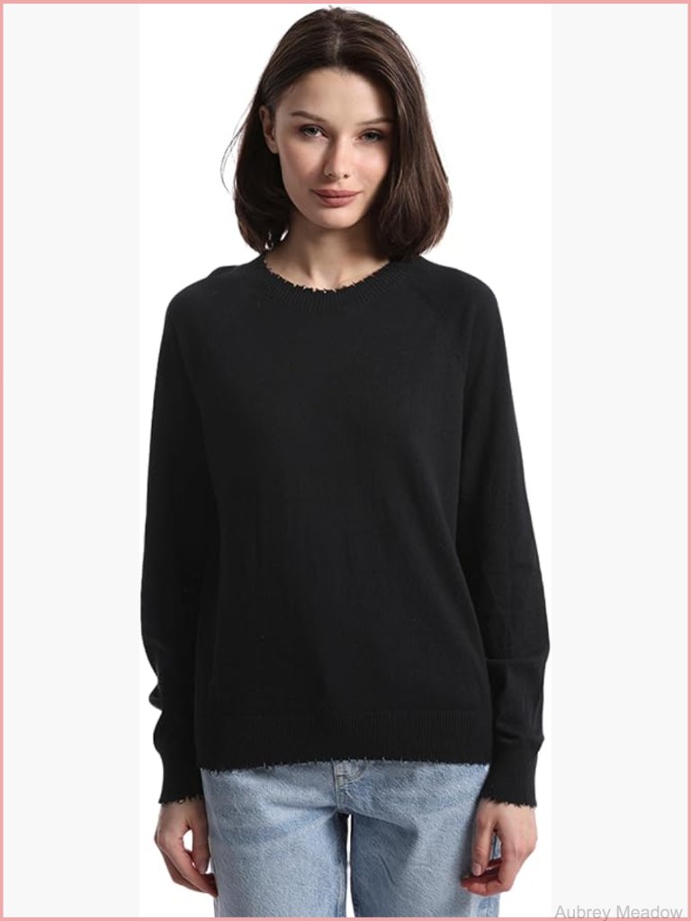 Vintage Cotton Cashmere Frayed Edge Crew Neck Pullover Sweater